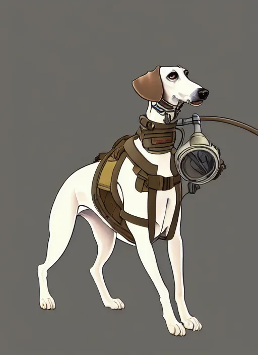 Prompt: intelligent white brown greyhound wearing gas mask, natural lighting, path traced, highly detailed, high quality, digital painting, by don bluth and ross tran and studio ghibli and alphonse mucha, artgerm