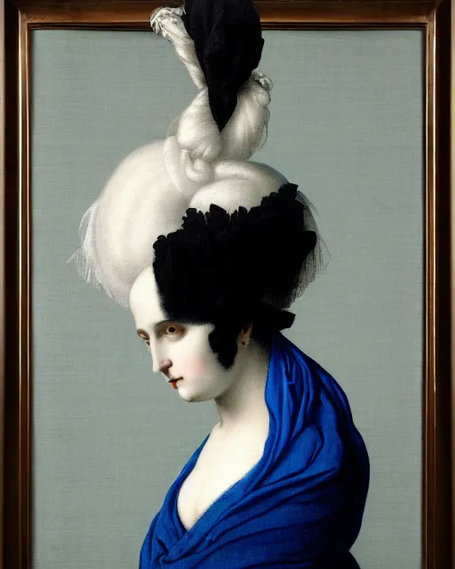 Prompt: photo-realistic portrait of a woman with white and blue hair , wearing a black dress by Vivienne Westwood, intricate details, masterpiece, in the style of Jean Auguste Dominique Ingres, black background