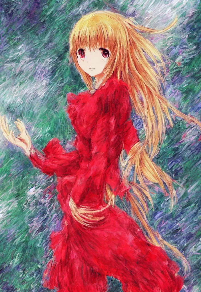 Image similar to medium shot portrait, a cute red outfit, tokyo anime scener, very anime in impressionist style, anime trending artwork, anime painter studio, by claude monet