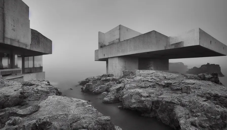 Image similar to brutalist base perched on a cliff overlooking a magnificient bay, drawing architecture, fog horizon, pixar lighting, pritzker architecture prize, greig fraser