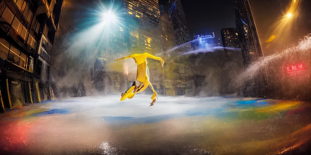 Prompt: details of trail effect of break dancers wearing latex suit , long exposure shot , at night in the middle of dark gotham city, paddle of water, steam, water splashes, rim lights, glossy reflections, water droplets on lens, octane render, detailed and soft, 8mm fisheye