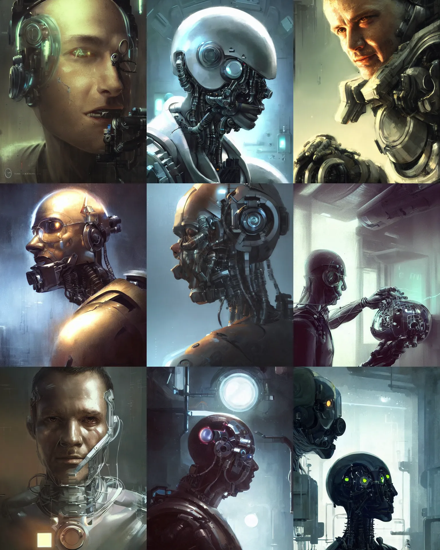 Image similar to a laboratory technician man with cybernetic enhancements seen from a distance, scifi character portrait by greg rutkowski, craig mullins, 1 / 4 headshot, cinematic lighting, dystopian scifi outfit, profile picture, mechanical, cyborg, half robot