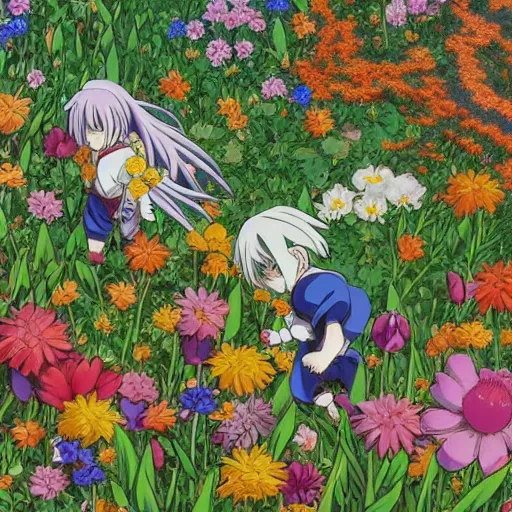 Prompt: A scene from an anime with characters in a field of flowers, close up, details, sharp focus, beautiful, intricate, digital illustration, by Akira Toriyama