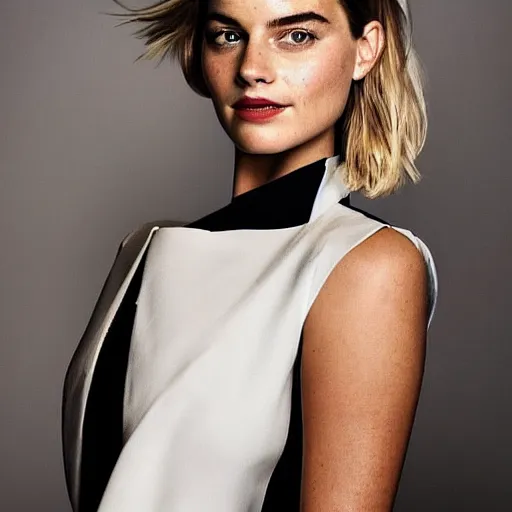 Image similar to a woman who is a genetic combination of margot robbie and emma watson face and upper - body focus