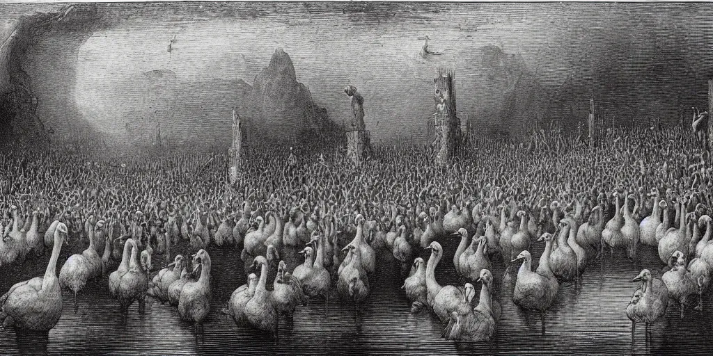 Prompt: gargantuan geese guarding the gates of hell, art by gustave dore, hieronimus bosch