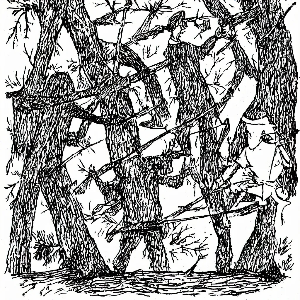 Image similar to xkcd style illustration of a stick figure, trying to chop a tree with a blunt axe.