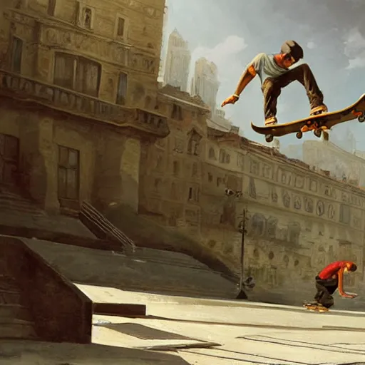 Image similar to skateboarder tricks painting dynamic very very detailed by hubert robert balanced cinematic