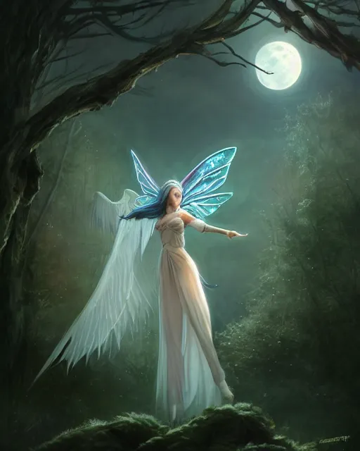 Image similar to attractive fairy goddness fly high in the night, d & d, fantasy, mist, full moon in background, trees, hyper detailed, art by artgerm and greg rutkowski and magali villeneuve, midium shot, 8 k realistic, cryengine, digital painting, trending on artstation, concept art, sharp focus, illustration,