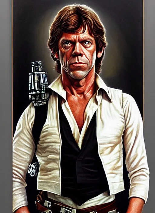 Prompt: upper body portrait of hugh laurie as han solo in star wars ( 1 9 7 7 ), wearing han solos clothes, wearing a black vest and a white shirt, hyperrealistic, very detailed painting by glenn fabry, by joao ruas, by artgerm