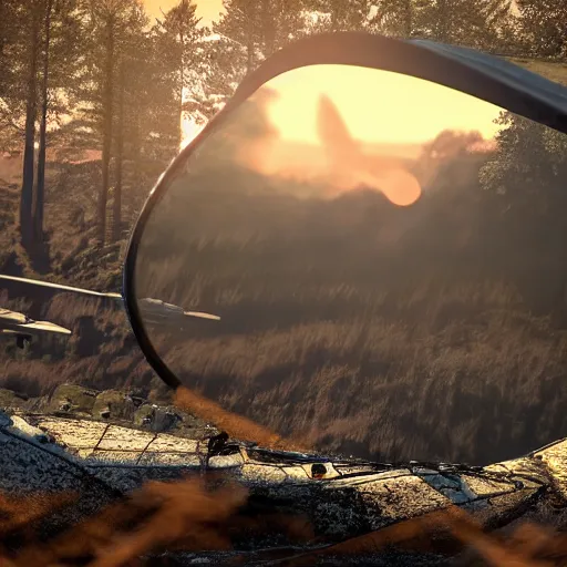 Image similar to war torn battlefield outside of a forest, crashed plane, dragon flies overhead, golden hour, ray tracing reflection, 8k, hyper realistic, insainly detailed, hdr, octan render,