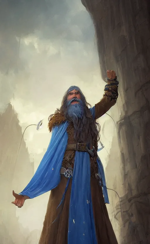 Image similar to portrait of a middle aged elf with a long beard, dressed in a blue cloak with clock iconography, brown hair, raised hand, detailed face, fantasy, highly detailed, cinematic lighting, digital art painting by greg rutkowski