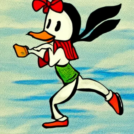 Image similar to Japanese anime style painting depicting an anthropomorphic duck dressed in a school uniform running to school while eating a piece of toast.