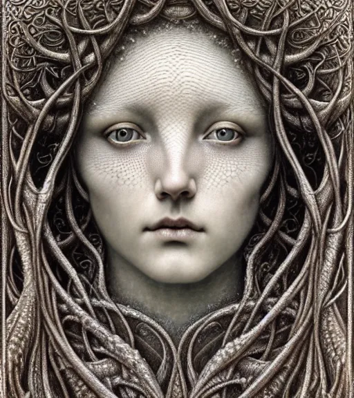 Image similar to detailed realistic beautiful frost goddess face portrait by jean delville, gustave dore, iris van herpen and marco mazzoni, art forms of nature by ernst haeckel, art nouveau, symbolist, visionary, gothic, neo - gothic, pre - raphaelite, fractal lace, intricate alien botanicals, ai biodiversity, surreality, hyperdetailed ultrasharp octane render