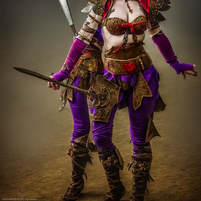 Image similar to full length photo of a real - life beautiful female jester warrior, 8 k, hdr, smooth, sharp focus, high resolution, award - winning photo