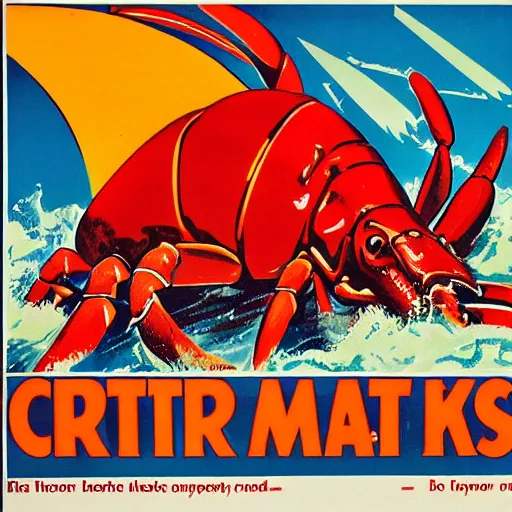 Prompt: WW2 propaganda posters of a giant lobster attacking Vancouver, BC, color print