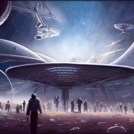 Image similar to thousands of people next to a big spaceship, fantasy art