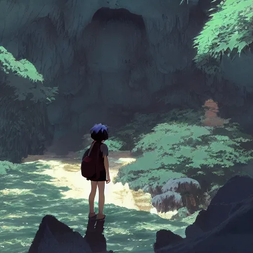 Image similar to an explorer exploring a large cave, water, by Dice Tsutsumi, Makoto Shinkai, Studio Ghibli