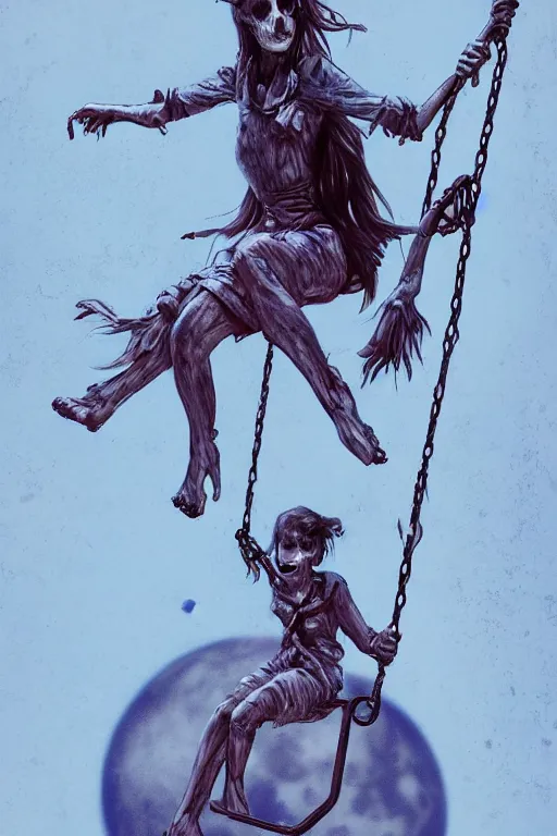 Prompt: undead girl swinging on a swing attached to the moon, highly detailed, artstation,