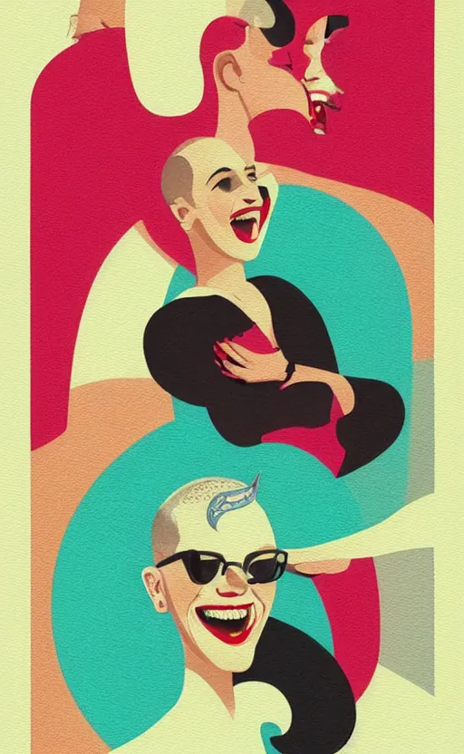 Image similar to illustration portrait of a woman with white buzzcut laughing out loud, art deco painting by tom whalen, funny meme photo, trending on behance, digital illustration, storybook illustration, grainy texture, flat shading, vector art, airbrush, pastel, watercolor, poster