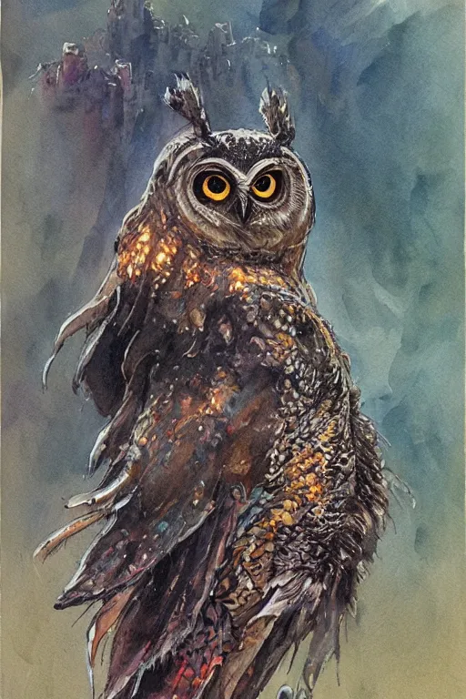 Prompt: inventor who mimics owls,painted by John Giunta and John Avon,trending on artstation, rocky lighting rear view,creature concept art,watercolor painting,Howl’s Moving Castle ,Lovecraftian ,narrative realism ,