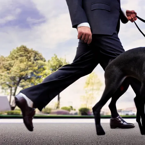 Image similar to photorealistic image of a man in a business suit walking the dog