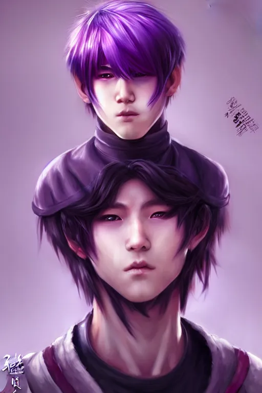 Image similar to gorgeous!!! hyper - realistic teenager boy with purple hair, purple eyes with red eye markets, wearing combat japanese clothes, holding a fan | drawn by wlop, drawn by jeehyung lee, drawn by artgerm | intricate, highly detailed, digital painting, character design, concept art, illustration, artstation