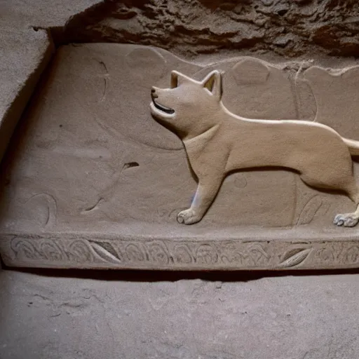 Prompt: happy shiba inu dog carving on the wall of an ancient egyptian tomb