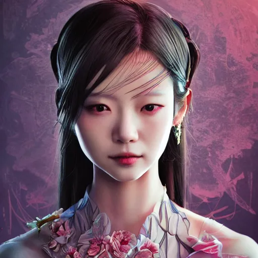 Image similar to the portrait of the japanese beauty evil alignment personified as an absurdly beautiful, graceful, elegant, sophisticated, young woman, an ultrafine hyperdetailed illustration by kim jung gi, irakli nadar, intricate linework, bright colors, octopath traveler, final fantasy, unreal engine 5 highly rendered, global illumination, radiant light, detailed and intricate environment