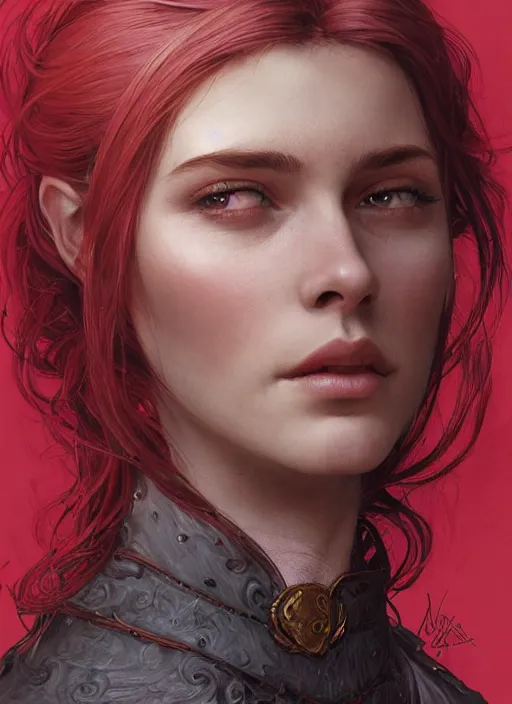 Image similar to vertical portrait of a ruggedly handsome female cleric, soft hair, close - up face, leather, witchy, d & d, fantasy, intricate, elegant, highly detailed, digital painting, artstation, concept art, smooth, sharp focus, illustration, art by artgerm and greg rutkowski and alphonse mucha, plain red background