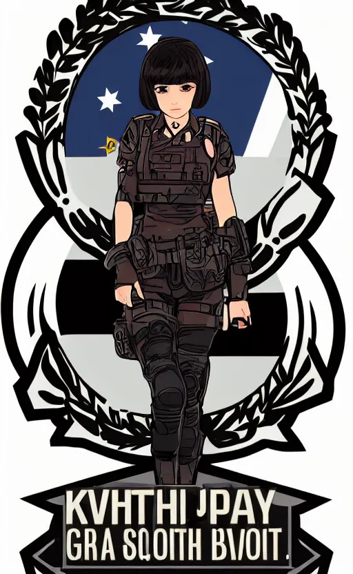 Prompt: patch design, girl, by kuvshinov ilya, concept art, trading card front, insignia, soldier clothing, military gear, vector line art