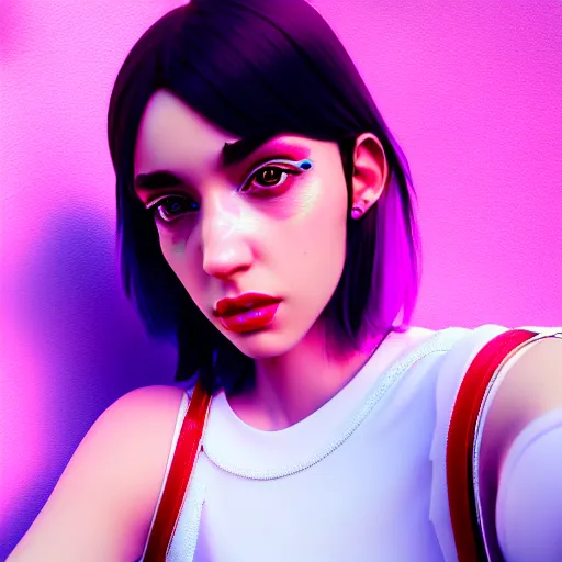 Image similar to selfie of a young woman, winged eyeliner, pastel clothing, urban environment, depth of field, octane render, photorealistic, trending on artstation