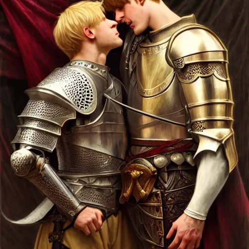 Image similar to attractive arthur pendragon and his favourite attractive male knight, they are in love, camelot, natural lighting, path traced, highly detailed, high quality, digital painting, by gaston bussiere and ross tran and j. c. leyendecker and alphonse mucha