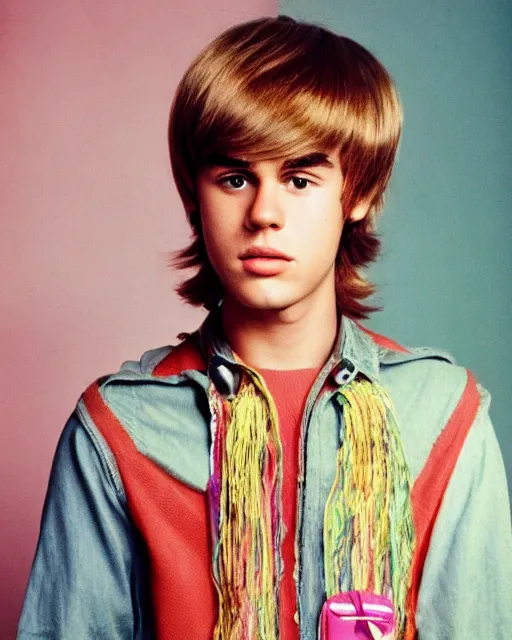 Image similar to a portrait of a 1 9 6 0 s hippie looking like justin bieber