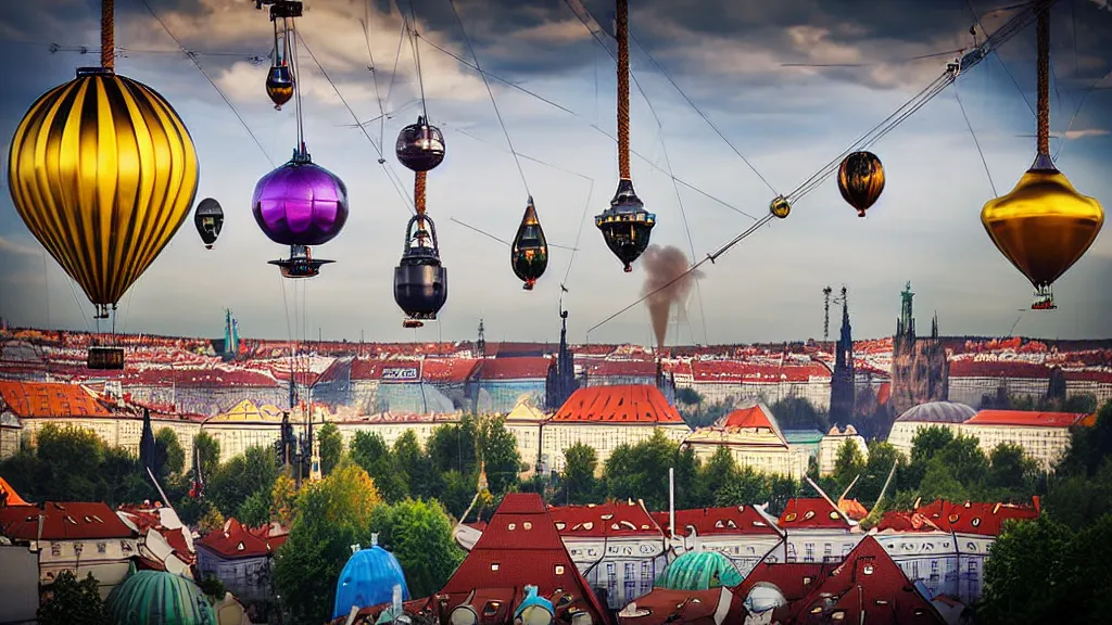 Prompt: large colorful futuristic space age metallic steampunk steam - powered balloons with pipework and electrical wiring around the outside, and people on rope swings underneath, flying high over the beautiful prague city landscape, professional photography, 8 0 mm telephoto lens, realistic, detailed, photorealistic, photojournalism