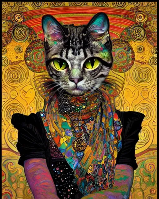 Image similar to punk cat portrait an oil painting splashes with many colors and shapes by gustav klimt greg rutkowski and alphonse mucha, polycount, generative art, psychedelic, fractalism, glitch art