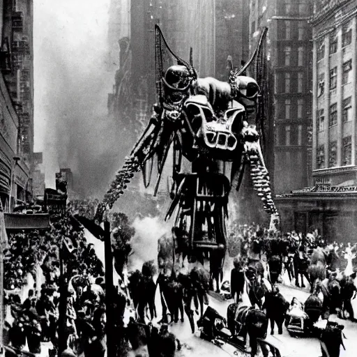 Prompt: old black and white photo, 1 9 1 3, depicting a biomechanical alien war machine rampaging through the bustling streets of new york city, historical record