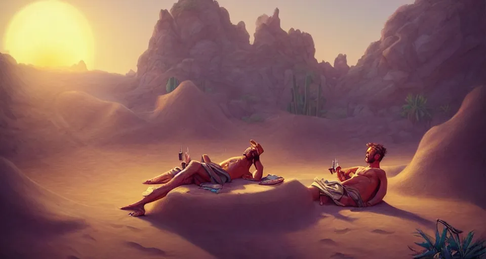 Image similar to a male desert vagabond lounging next to an oasis!!!! surrounded by sand dunes, by wlop and peter mohrbacher, extremely detailed shading, concept art, digital painting, trending on artstation, unreal engine 5, octane render, atmosphere, glow, cinematic lighting, full of color