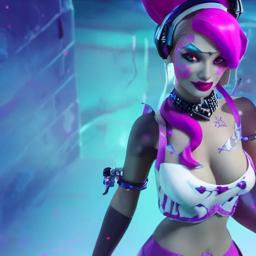 Image similar to still of pretty Jinx (League of Legends) in KDA More music video. 3d render, octane render, game art, realistic, highly detailed, trending on artstation, 4k, trending on artstation, pixar, cgsociety, unreal engine 5, redshift render, trending on artstation, blender, behance, cg