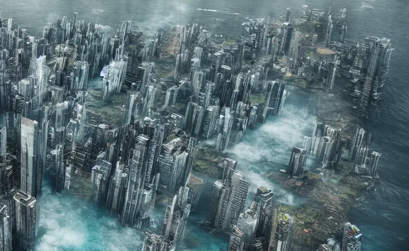 Image similar to a photo of a metropolis built on a island floating above the sea in the sky, waterfalls fall from the island into the sea, cinematic, 8 k, highly - detailed