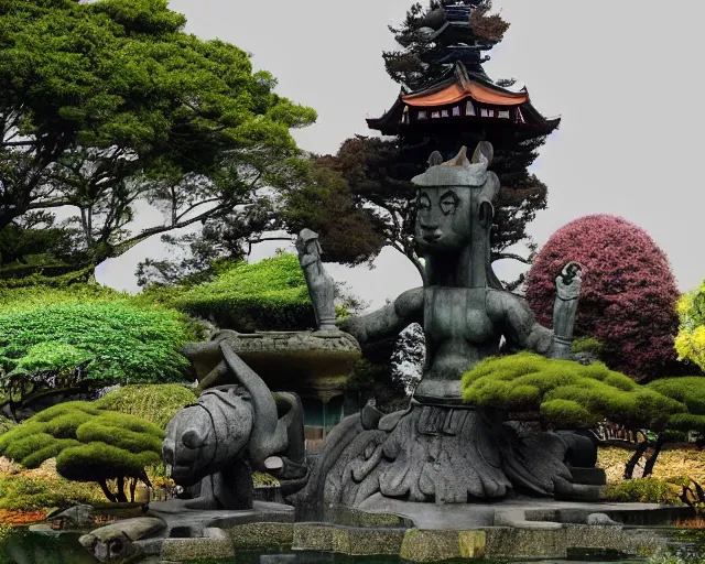 Prompt: strange weird pagan japanese garden with a gigantic statue fountain of an ancient god stretching its arms above the garden, digital art, oil painting, colorful, artstation, australian tonalism, minimalist, very clear, no blur, serene