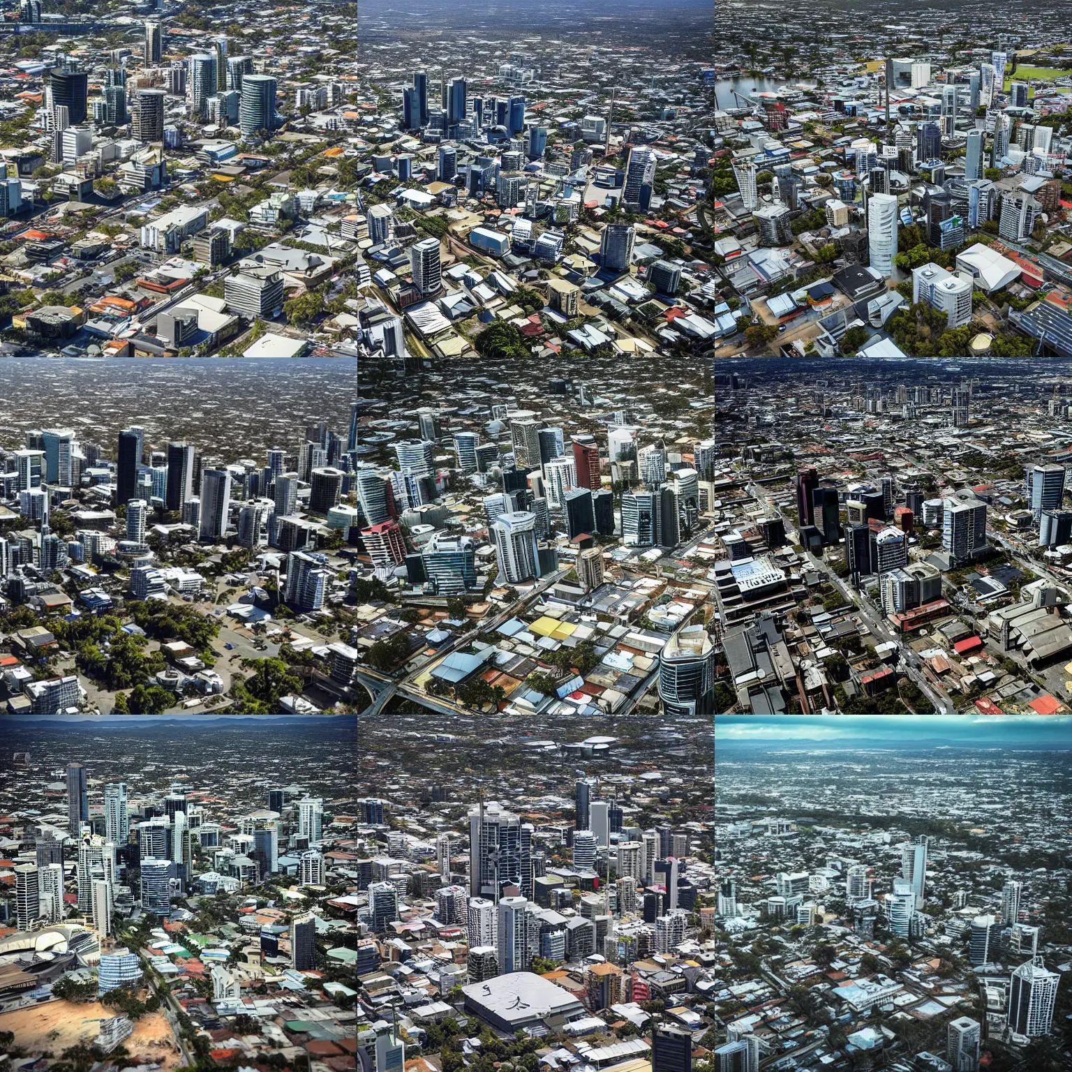 Prompt: post apocalyptic brisbane city, Aerial shot highly detailed