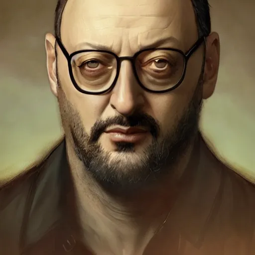 Image similar to Jean Reno, portrait, headshot, D&D, fantasy, highly detailed, digital painting, artstation, concept art, sharp focus, illustration, art by artgerm and greg rutkowski and alphonse mucha