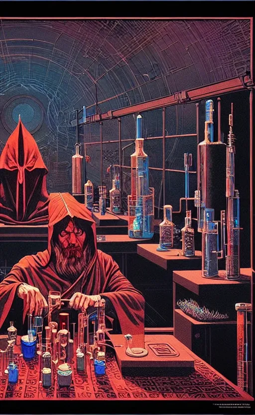 Prompt: ancient cloaked wizard mixing potions in his laboratory, high details, intricately detailed, by vincent di fate, inking, 3 color screen print, masterpiece, trending on artstation,, sharp, details, hyper - detailed, hd, 4 k, 8 k