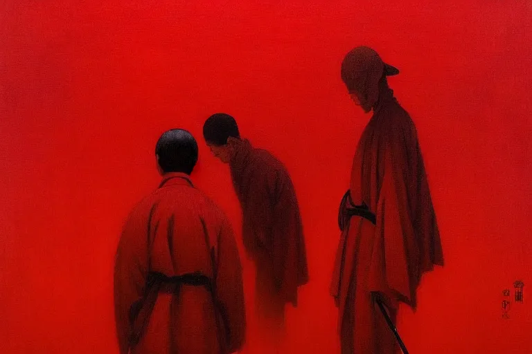 Image similar to only with red, a red samurai harakiri, tokio, a lot of frogs watch, in the style of beksinski, parts by edward hopper, parts by rodcenko, parts by yue minjun, intricate and epic composition, red by caravaggio, insanely quality, highly detailed, masterpiece, red light, artstation, 4 k