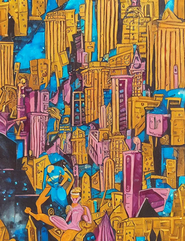 Prompt: ice cream spirit lost in a metropolis. this art noveau gouache and gold leaf painting has a beautiful composition.