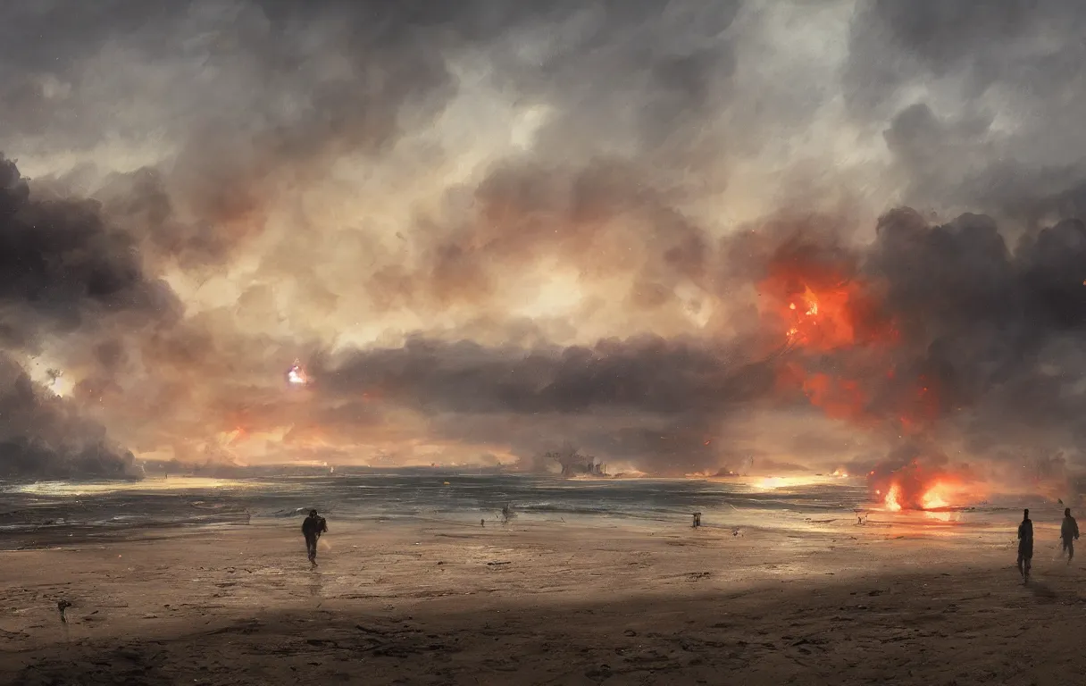 Image similar to A digital painting of Normandy's beach, 1945, by Ismail Inceoglu and Caspar David Friedrich, stunning, photorealistic, highly-detailed, bombs, fire, smoke, devastation, 4k, ue5, light effect, rtx on, realistic, cinematic, IMAX quality, trending on artstation