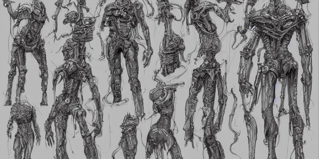 Image similar to highly detailed character sheet, expressive features, technical drawing, side view, human game protagonist designs, side - scrolling 2 d platformer, art by h. r. giger, kim jung gi and burne hogarth