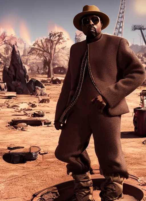 Image similar to Kanye West as willy wonka in fallout new vegas, splash art, movie still, cinematic lighting, dramatic, octane render, long lens, shallow depth of field, bokeh, anamorphic lens flare, 8k, hyper detailed, 35mm film grain