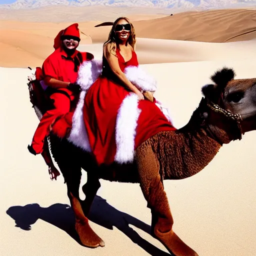 Image similar to mariah carey in a santa outfit while riding a camel in the desert