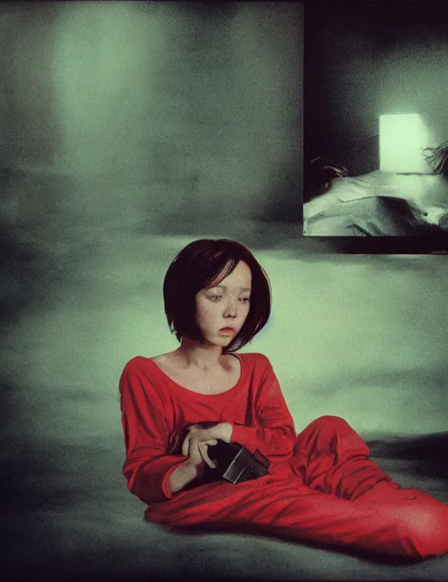 Image similar to girl in pajama watching television in dark room, redshift, wide shot, coloured polaroid photograph with flash, kodak film, hyper real, stunning moody cinematography, anamorphic lenses, by maripol, fallen angels by wong kar - wai, style of suspiria and neon demon and bahnhof zoo, david hockney, detailed, oil on canvas